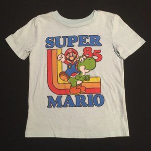 Pale Blue Mario Boys Tee with Rainbow and Yoshi - '85. Size 6